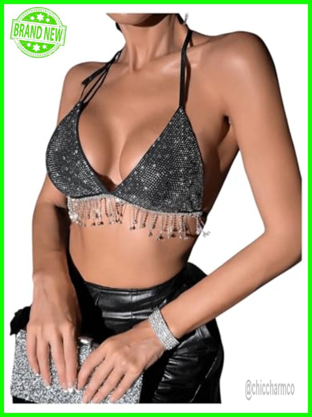 SHENHE Halter Backless Sequin Fringe Crop Top Party Club